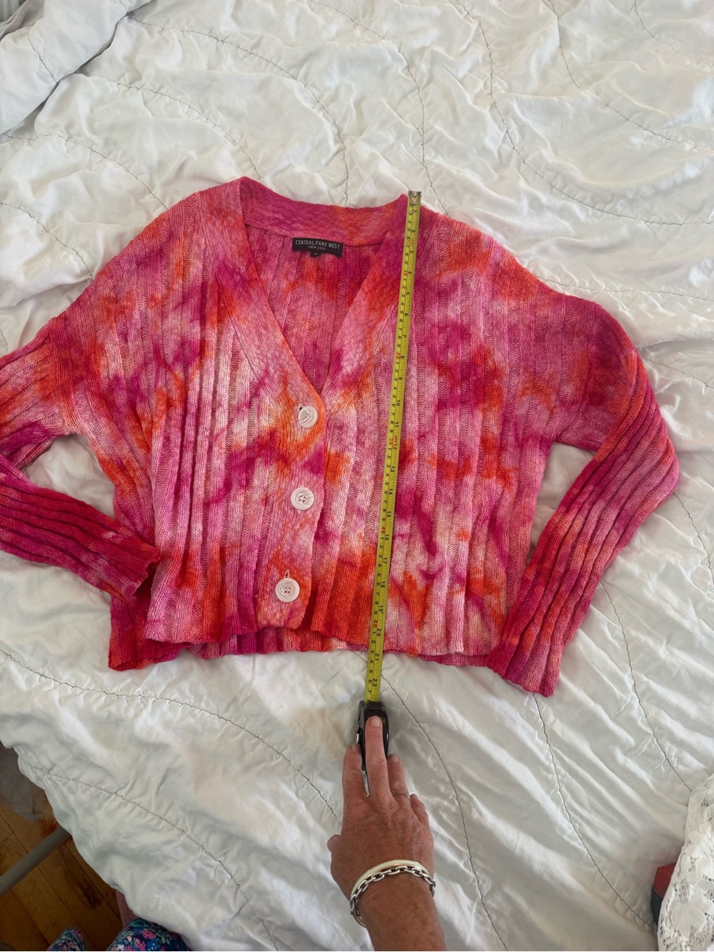 Central Park West Pink Orange Tie Dye Ribbed Knit Crop Cardigan Sweater M NWOT